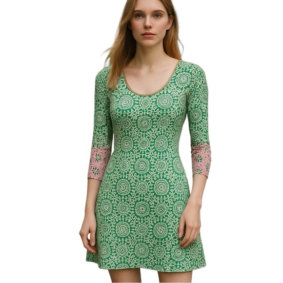 Boden Green & White Medallion Print V Neck Jersey Knit Tunic Mini Dress Womens 8 - Picture 2 of 10